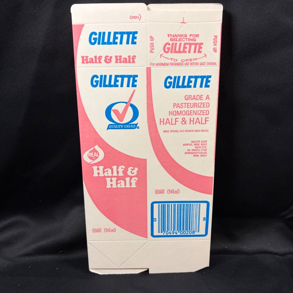 Vintage Gillette Dairy Half & Half Milk Carton Unused Flat Pink White NOS Quart